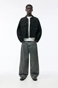 Jeans décontractés pour homme, vintage, noir délavé, coupe large, tissu respirant, bords déchirés, détails coupés au couteau, motifs de moustaches de chat, été - Product Image 3