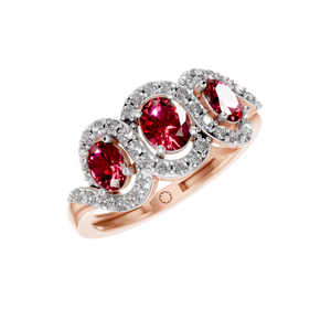 Impresionante anillo de oro rosa con piedras preciosas de rubí rojo de tres piedras con elegante halo de diamante natural en un entorno de metal precioso Premium - Product Image 6