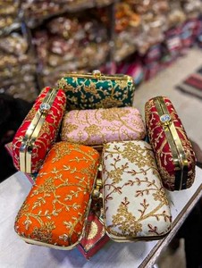 Fancy Embroidery Hand Clutch Bag Indian Ethnic Fashion Wedding Purse Girls Mirror Work Thread Design Polyester Large Hook - Product Image 2