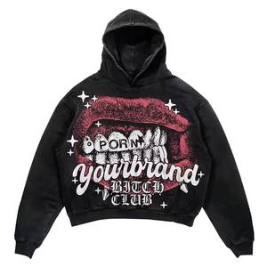 Sweat à capuche Streetwear vintage pour hommes, coton imprimé, coupe boxy, imprimé à l'acide, sweatshirts personnalisés noirs avec techniques brodées - Product Image 1