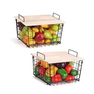 Decorative wire <b>basket</b> with wooden top ideal for organizing fruits, towels, or other home groceries at reasonable price - Product Image 1