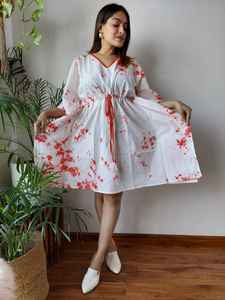 Caftan Tie-Dye en coton naturel d'été lâche sur mesure-Robe courte avec cravate à la taille réglable pour les revendeurs de clients de boutique - Product Image 5