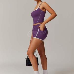Conjunto de Shorts de Yoga Cómodos, Transpirables y de Secado Rápido para Mujer, Diseño Sólido con Cinturón de Encaje, Cintura Alta Elástica, Tallas Grandes, Cantidad al por Mayor - Product Image 5