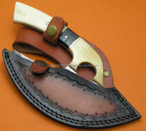 Traditional Full Tang Multi-Purpose Damascus Pizza Cutter Axe Meat Chopping Utility Knife with <b>Leather</b> Sheath - Product Image 5