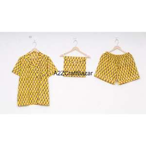 Floral Design Summer Short Sleeve Woven Pajama Set Solid Printed 100% Cotton Soft Breathable Sleepwear Daily - Product Image 3