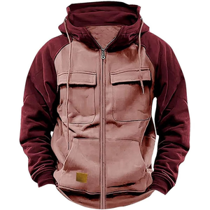 2025 Sudadera con capucha para hombre, chaqueta de lana de retazos con cremallera, cálida, deportiva, Otoño Invierno con múltiples bolsillos, capucha de moda - Product Image 1