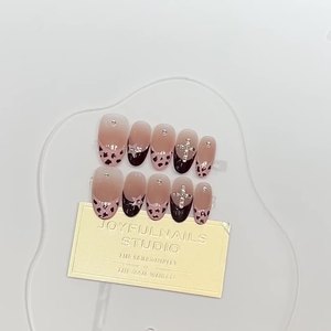 Whisper Wild Acrylic Finger Nail Polish Medium Oval Leopard Print Pattern Metallic Star Rhinestone Chocolate Brown French Tips - Product Image 2