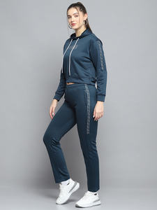 Ensemble de survêtements 2 pièces pour femmes à motif solide bleu sarcelle pantalon de survêtement à capuche respirant sur toute la longueur pour l'hiver écologique - Product Image 4