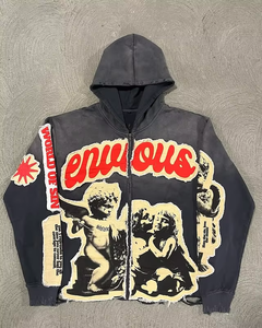 Customize Patch <b>Zip</b> <b>Up</b> <b>Hoodie</b> Fully Letter Print Patch Acid Wash Unisex <b>Hoodie</b> Casualwear DTG Printed Distress <b>Hoodie</b> 2025 - Product Image 1