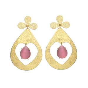 Boucles d'oreilles dorées Teardrop Leaf Patels avec Tourmaline Rose Hydro Gemstone - Product Image 1