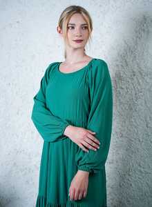 Precio al por mayor de las señoras con estilo de longitud completa de cuello redondo Smocking Maxi Vestido Floral Rayón Tela de manga larga Vestido de las señoras - Product Image 3