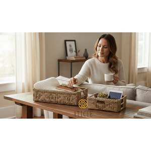 Compact Organizer 8x7.5x4 Inch Woven <b>Jute</b> and Recycled Plastic Hamper <b>Basket</b> with Handle for Bathroom Use - Product Image 4