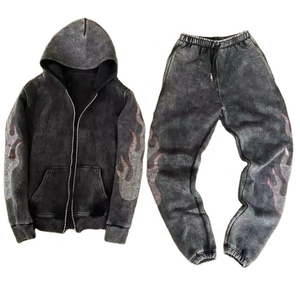 Custom Acid Wash Men's Hoodies Set Manufacturer <b>Distressed</b> Embroidery Zip Up Tracksuit Sweatpants For Winter Wear - Product Image 5