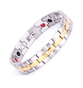 Mulheres Homens Terapia Aço Inoxidável Pedra Magnética Silver Striped Energy Bracelet 4 em 1 Saúde Negativa Ions Personalizado Bio Pulseira - Product Image 3