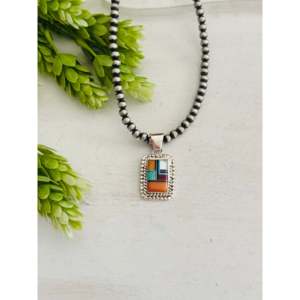 Southwest Style Cobblestone Pendant with Multi-Stone & Sterling Silver Bezel Setting Inlay - Product Image 1