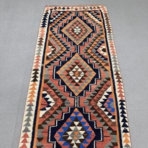 Alfombra Turca de Lana Vintage con Diseño a Cuadros Azules, 3x10.6 pies - Product Image 5