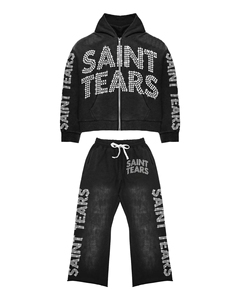 Fabricante de Sudaderas con Capucha y Pantalones Holgados con Cierre, Dobladillo sin Rematar, Lavado Ácido Desgastado y Pedrería, Venta al Por Mayor Personalizada - Product Image 1