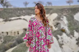 Elegante vestido largo con estampado floral bohemio para damas de verano algodón multicolor con media manga cintura natural lavable - Product Image 3