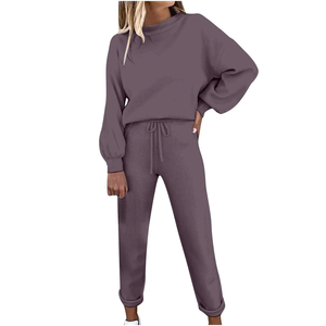 Conjunto de mujer de 2 piezas de gran tamaño Patrón sólido Sudadera con hombros caídos y pantalones de joggers con capucha incluida - Product Image 1