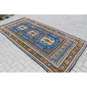 Tapis persan turc vintage bleu grand format 4,8x10,1 pieds, patchwork en laine, avec support en latex écologique - Product Image 3
