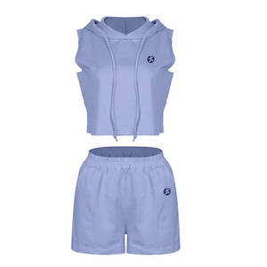 2025 Fashionable <b>Women's</b> 100% Cotton Solid Lace up Hooded Hoodie & Casual Shorts Sets <b>for</b> Custom Your Own Brand Logo - Product Image 1