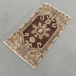 Turkish Rug, 1.7x2.9 ft Vintage Rug, <b>Brown</b> Beige Bordered <b>Wool</b> Rug - Product Image 2