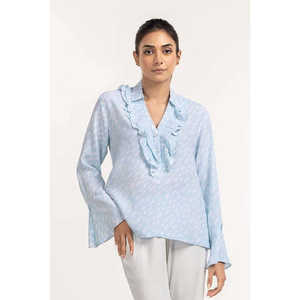 Blusa Tejida Retro Azul Cielo 231-217-072 de Algodón y Gasa con Cuello Solapa Talla XL Ajustada Corta Formal para Verano, Otoño y Primavera - Product Image 4