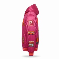 Blouson Bomber en Satin à Capuche pour Homme, Rose Vif, Patchs en Chenille Orange, Doublure Sublimée, Logo Personnalisé, OEM, Streetwear