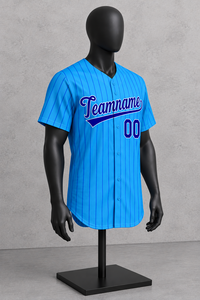 Custom Men's Baseball Jersey Blue <b>Striped</b> V-Neck Short Sleeve Polyester Breathable Teamname 00 Front Print Regular Fit - Product Image 2