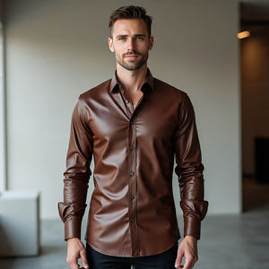 Chemises Hip Hop respirantes décontractées de haute qualité à col rabattu et bouton en corne en cuir de mouton véritable pour hommes - Product Image 5