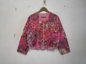 Floral Printed Kantha Quilted Cotton <b>Jacket</b> Men And Womens V Neck Cotton Patchwork <b>Jacket</b> - Boho Comfortable <b>Pink</b> Color Cotton - Product Image 2