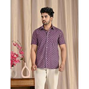 Chemise à manches courtes en coton 100% imprimé floral violet, tissu popeline respirant, robe décontractée, offre ODM - Product Image 3