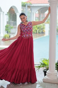 Indian Navratri Designer Women's Elegant Silk Dress Long Gown Mirror work Lace Border Indian Pakistani Style Party Wear - Product Image 2