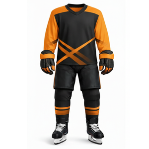 ชุดฮอกกี้น้ำแข็งสีเทาเข้มและสีส้มยอดนิยม - ออกแบบโลโก้ชุดกีฬาของคุณเอง เสื้อเจอร์ซีย์ลายเส้นไขว้เรขาคณิต - Product Image 1