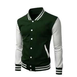 Veste universitaire pour homme, manches vertes et blanches, couleur unie, fermeture à boutons, col rabattu, vêtement décontracté d'automne, coupe classique - Product Image 4