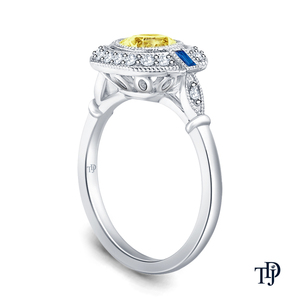 Bague de fiançailles de luxe 18 carats, élégante, vintage, avec serti milgrain, diamant 1 carat, saphir bleu moyen, accents émeraude, design personnalisé, vente en gros - Product Image 3