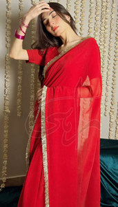 Designer Trending High Quality Soft Fabric Handmade <b>Red</b> <b>Silk</b> & Chiffon Women Saree for Party Occasions - Product Image 3