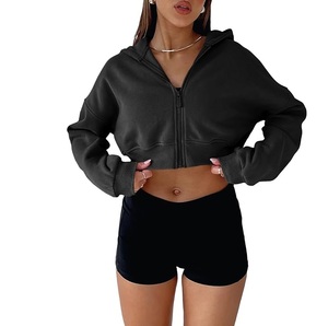 <b>Women's</b> Cropped <b>Hoodie</b> Sweatshirt Solid <b>Black</b> Long Sleeve Knitted Cotton Autumn Wear - Product Image 1