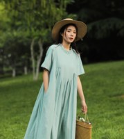 Robe longue d'été en coton et lin tissé, écologique, unie, naturelle, lavable, coupe régulière, grande taille, manches courtes, respirante, coupe trapèze