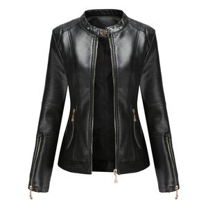 Veste en cuir mince à la mode pour femmes printemps automne haut décontracté avec col montant en PU coupe-vent et capuche vêtements de moto en plein air - Product Image 2