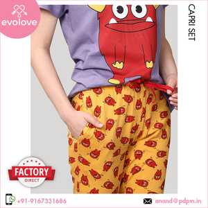 Femmes haut de gamme 100% coton Jersey deux pièces Capri genou longueur robe de nuit doux personnalisé usage domestique vêtements de nuit pour la saison de printemps - Product Image 4