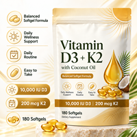 Capsules de Vitamine D3 K2 à Marque Blanche avec Huile de Coco, Complément Alimentaire pour Adultes, 180 Gélules, Nutrition Quotidienne