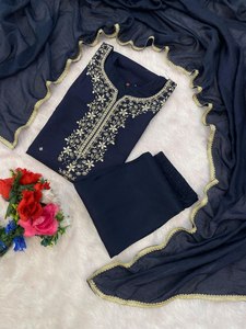 LANZAMIENTO NUEVO DISEÑADOR FESTIVE WEAR KURTA PENT CON DUPATTA TELA ROMANA SEDA CON BORDADO TRABAJO - Product Image 4