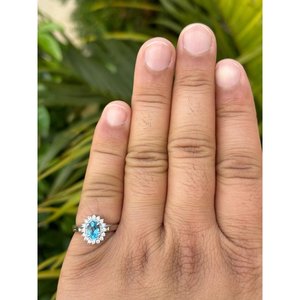 925 <b>Silver</b> Blue Topaz <b>Statement</b> <b>Ring</b> Oval Cut Gemstone Geometric Pattern Engagement IGI Certified Rhodium Plated - Product Image 2