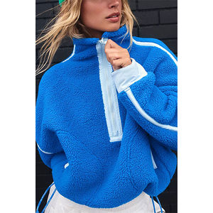 Sudadera con Capucha de Alta Calidad para Mujer, Azul y Blanca, Gruesa, con Media Cremallera, de Felpa, Algodón, Talla Grande, Cuello Alto, Estilo Sherpa - Product Image 1