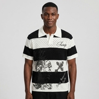 Polo en coton tricoté rayé noir et blanc de qualité supérieure, polo pour homme, broderie graphique jacquard de luxe, maille à points ouverts, personnalisable