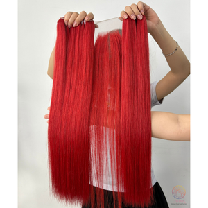 Cabello Virgen Vietnamita 100%, Color Rojo de la Mejor Calidad, Cabello Liso con Doble Trama, 3 Paquetes con Cierre de Encaje 2X4, 55 cm - Product Image 6