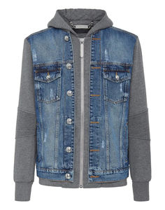 Vente en gros Veste en coton vintage pour homme décontractée avec capuche à manches longues et patchwork en denim avec logo personnalisé pour l'hiver - Product Image 6
