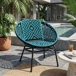 Fauteuil d'appoint d'extérieur tressé bleu sarcelle avec structure en métal noir, chaise de salle à manger en corde géométrique, chaise longue de patio, décoration artistique - Product Image 5