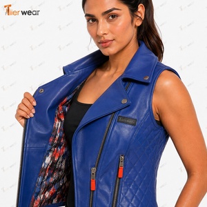 Veste moto en cuir PU bleu pour femme avec fermeture éclair, col cranté, couleur unie, vêtement d'extérieur - Product Image 6